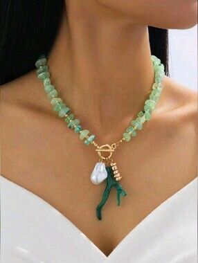 NEW! Gold Green Beaded with Pearl and Coral Pendant Toggle Clasp Necklace